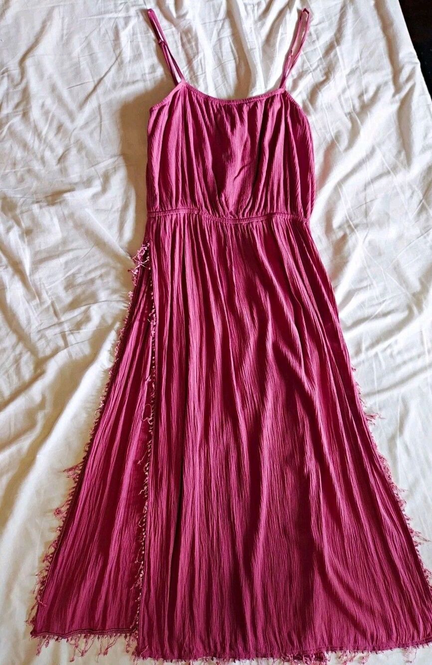 O'Neill Beach Maxi Dress Freyed Pompoms Double Full Slit Strappy Y2K SoCal Sz M